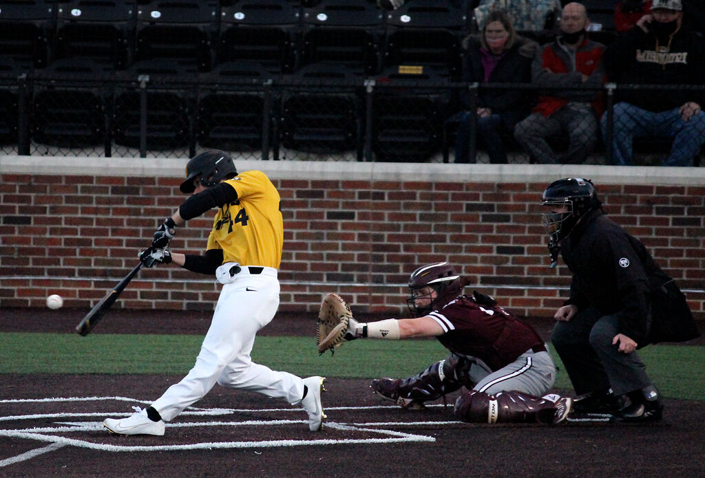 Missouri freshman Trevor Austin, hits the first home run of the game, giving MU an early advantage over Texas A&M, who had won the previous night 16-2,